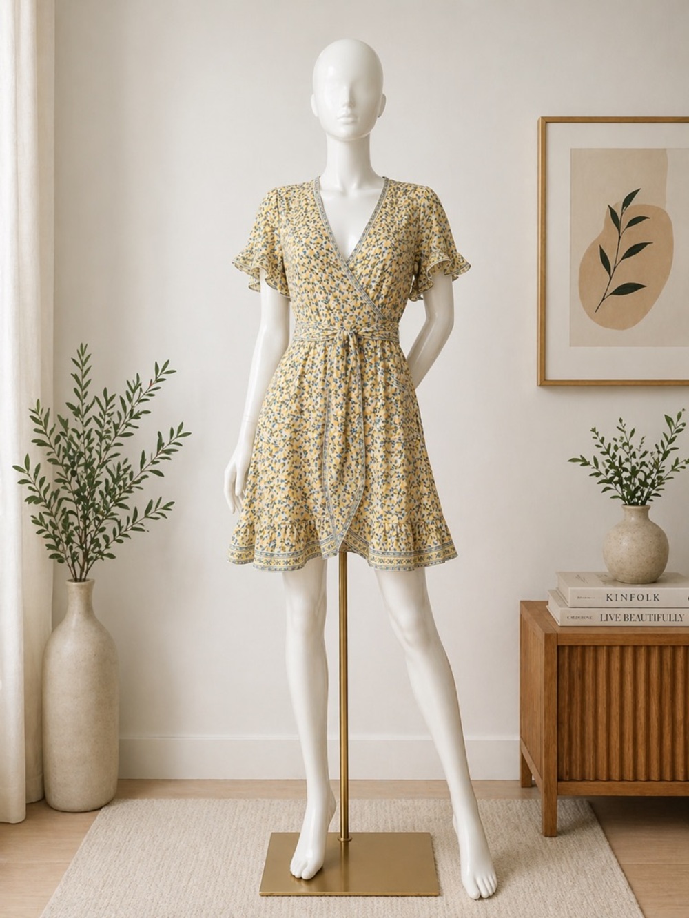Max Studio Yellow Floral Wrap Midi Dress
